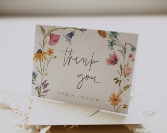 Wildflower Thank You Card Template, Folded , Editable Wedding / Bridal Shower Note, Birthday Thank You, EDITABLE, INSTANT Download, 55