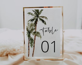 Palm Tree Table Number Card Template, Tropical Wedding Table Number, Beach, Palm,  Editable, INSTANT DOWNLOAD, Templett, DIY, 44