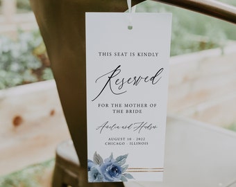 Reserved Chair Tag, Wedding Seating Tag, dusty Blue Wedding, Printable Chair Tag, Reserved for Bride and Groom, Reserved Seat Sign, 06