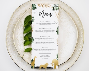 Safari Baby Shower Menu Template, Jungle Animals, Tropical, Printable Dinner Menu Card, 100% Editable Text, INSTANT DOWNLOAD, Templett