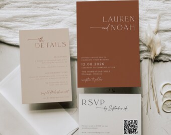 May include: A wedding invitation suite with a brown and beige color scheme. The invitation features the names "Lauren and Noah" and the date "12.08.2026". The details card includes information about the reception and accommodations. The RSVP card has a QR code for guests to RSVP online.