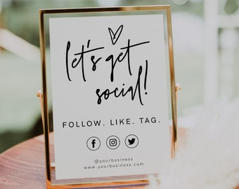 Social Media Sign Template, Instagram Sign, Facebook Sign, Let’s Get Social Sign, Follow Like Tag, Small Business Sign, Editable, 41