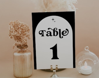 Retro Table Number Card Template, Retro Wedding Table Number, Editable, Groovy, Celestial, Copper INSTANT DOWNLOAD, Templett, DIY, 72