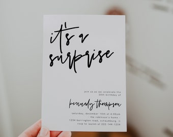 Modello di invito per festa a sorpresa, invito di compleanno moderno, minimalista, qualsiasi età, istantaneo, compleanno a sorpresa, adulto, modificabile, 41