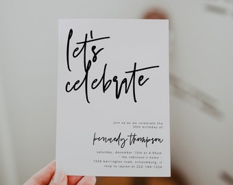 Let's Celebrate Party Invitation Editable Template, Surprise Birthday Party Invites, Anniversary Invites, Black White Invite, 41