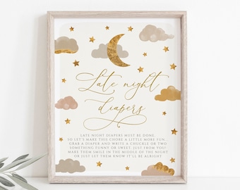 Late Night Diapers Sign, Diaper Thoughts Signs, Twinkle Twinkle Little Star Baby Shower Sign, Late Night Diapers Sign, Editable, Moon, 119
