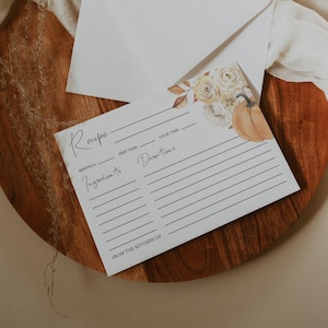 Plantilla de tarjeta con receta de calabaza, inserto de receta para despedida de soltera con calabaza, estilo bohemio, imprimible, descarga instantánea, 100 % editable, Templett, 032