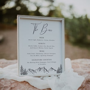 Mountain Wedding Bar Menu Template, Pine Bar Menu Wedding Sign, Wedding Drink Sign Printable, Editable, Download, Template, 001