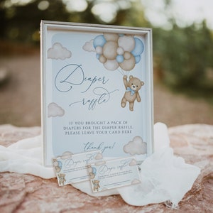 Diaper Raffle Sign Blue Bear Baby Shower, Blue Balloon Bear Baby Shower, Template, Blue Teddy Bear, Diaper Card, Instant, Editable,103 image 1