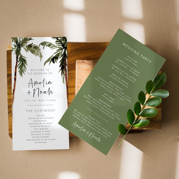 Palm Tree Wedding Program Template, Tropical Wedding Program, Beach Wedding Program, Printable Program Wedding, Instant, Template, 44