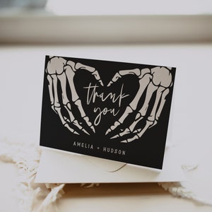 Modèle de carte de remerciement, coeur squelette mains Merci, carte de remerciement jusqu'à la mort, gothique, hipster, Halloween Merci, modifiable, 69