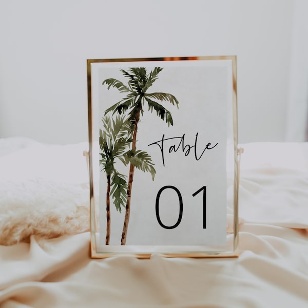 Palm Tree Table Number Card Template, Tropical Wedding Table Number, Beach, Palm,  Editable, INSTANT DOWNLOAD, Templett, DIY, 44