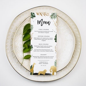 Plantilla de menú de baby shower de safari, animales de la selva tropical, tarjeta de menú de cena imprimible, texto 100 % editable, descarga instantánea, Templett