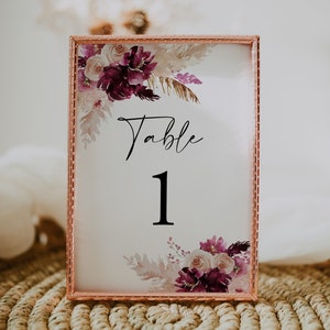 Modèle de carte de numéro de table Pampas, numéro de table bohème, Bourgogne, numéro de table de mariage, modifiable, TÉLÉCHARGEMENT IMMÉDIAT, Templett, DIY, 26