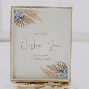 Pampagras aangepast bord, boho-bruiloft, bord babyshower, maak een bord, jongensbabyshower, blauwe pampas, INSTANT DOWNLOAD, Templett