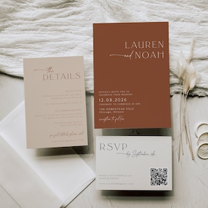 Minimalist Wedding Invitation Set, Boho Wedding, Terracotta Wedding Invitation Suite, Wedding QR, Simple Wedding Invite, Modern, 89
