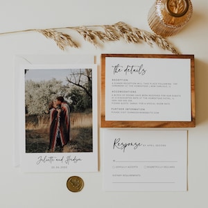 Minimalistische foto huwelijksuitnodiging set, eenvoudige, moderne bruiloft uitnodiging, bewerkbare sjabloon, direct downloaden, RSVP, details, afdrukbaar, 003