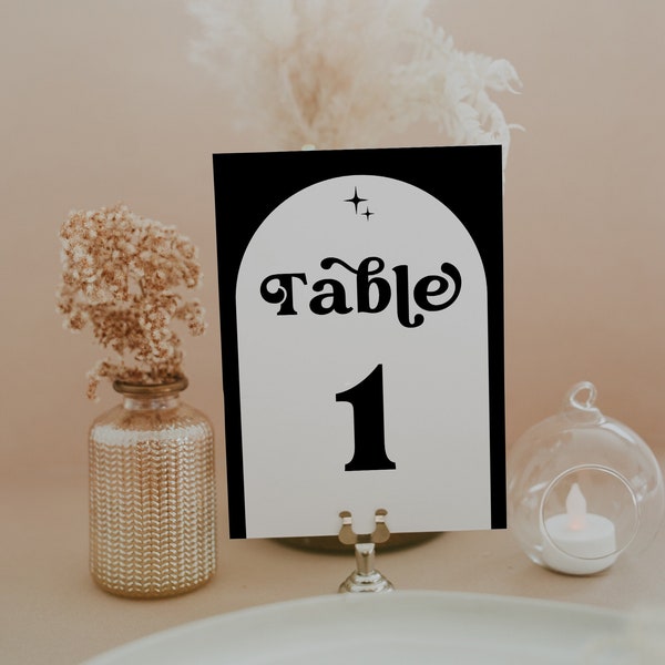 Retro Table Number Card Template, Retro Wedding Table Number, Editable, Groovy, Celestial, Copper INSTANT DOWNLOAD, Templett, DIY, 72