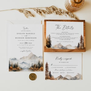 Mountain Wedding Invitation Set, Mountain, Woodland Pine, Fall Mountain , Lakeside Editable Template, Instant Download, Boho Mountain, 126