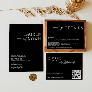 Black Wedding Invitation With QR Code RSVP, Minimalist Wedding Invitation Set, Wedding Invitation Double Sided, Simple Wedding Invite, 89