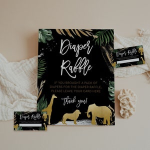 Letrero de rifa de pañales para baby shower de safari, 8x10, dorado, invitación de la selva, animales de safari dorados en blanco y negro (león, elefante), descarga instantánea