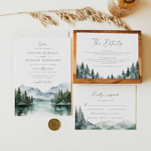 Berg Hochzeit Einladung Set, Berg, Waldland Kiefer, Winter Berg, See bearbeitbare Vorlage, Sofortiger Download, Boho Berg, 126