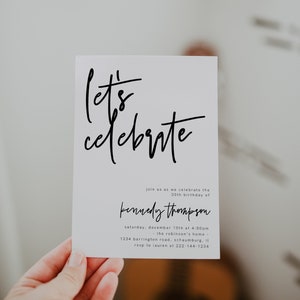 Let's Celebrate Party Invitation Editable Template, Surprise Birthday Party Invites, Anniversary Invites, Black White Invite, 41
