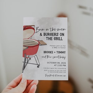 BBQ Baby Shower Invitation Template, Bun in the Oven Baby Shower, BABYQ, Couples Shower Cook Out, Backyard, Editable, BBQ, 85