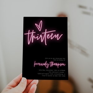 13th Birthday Invitation for girl, Hot Pink, Editable Template, 13 Bday Invites, Neon Light, Digital File, Instant Download, Electronic, 84