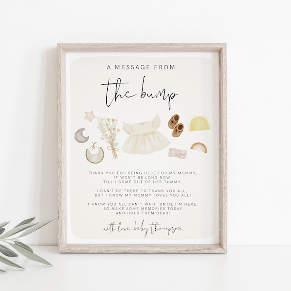 Message from the Bump Sign, Clothes Baby Shower Template, Boho Baby Shower, Editable Message from Baby, Girl Baby, Printable, Download, 95
