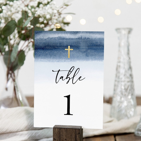 Table Number Template, Baptism Table Numbers, First Communion, blue Baptism, Instant download, 4x6, Editable Template