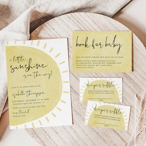 Sunshine baby shower uitnodiging set sjabloon, luier teken, boek, neutrale baby, moderne minimalistische sunshine babyshower, bewerkbaar, instant, 94