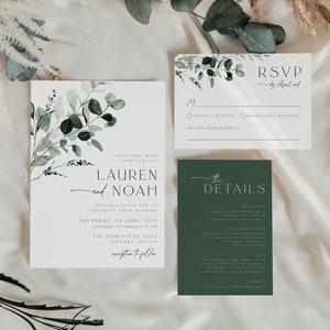 Greenery Wedding Invitation Template Set, Wedding Botanical Wedding Invitation, Leaves Invitation Suite, Printable , Instant Download, 80