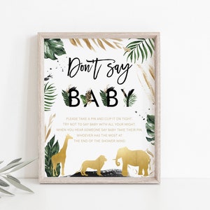 Safari Baby Shower Don't Say Baby Game, 8x10, Gold, Jungle Baby Shower, Safari Animals, Lion, Elephant, Giraffe, Instant Download, Game