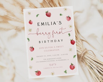 Berry First Birthday Invitation, Modern Strawberry Invitation, Strawberry Birthday, Editable, Download, Girl Berry First, Template, 118
