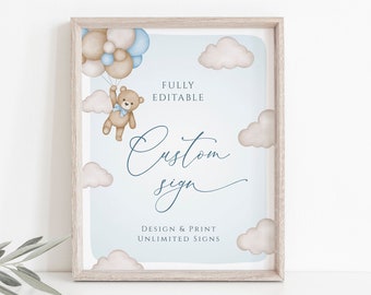 Balloon Bear Baby Shower Custom Sign Template, Bear Baby Shower Sign, Table Sign, Create Any Sign, Teddy Bear Baby Shower, Editable, 103