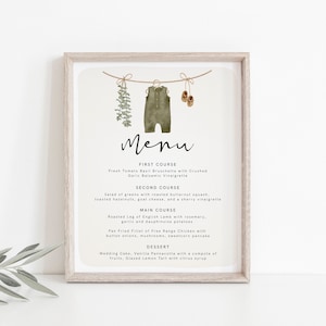 Jungen-Babyparty-Menü-Schild-Vorlage, Boho-Babyparty-Menü-Schild, Kleidung-Baby-Dusche-Menü-Schild, druckbares Abendmenü, bearbeitbarer Text, 95