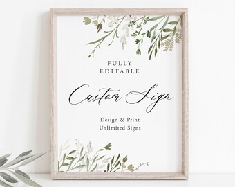 Greenery Custom Sign Template, Greenery Wedding, Bridal Shower Table Sign, Create Any Sign, Bridal Sign, Modern,  INSTANT DOWNLOAD, Templett