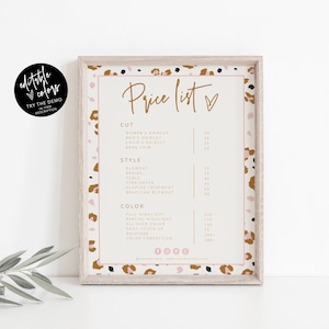 Modelo de lista de preços com estampa de leopardo, lista de preços para pequenas empresas com estampa de animal, planilha de preços editável, lista de preços, lista de preços para salão de beleza, download, 82