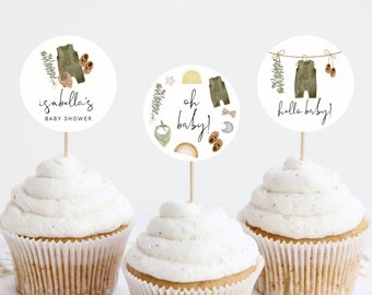 Boho Baby Shower Cupcake Toppers Template, Clothes Baby Shower, Boy Baby Shower Cupcake Toppers, Baby Shower Toppers, Editable, Download, 95