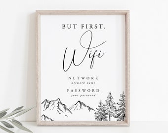 WiFi Password Sign Printable, Mountain WiFi Sign Template, 5x7, 8x10, 100% Editable Text, Instant Download, Mountain Wedding, Wifi Sign, 001