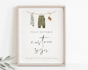 Junge Baby Shower benutzerdefinierte Schild Vorlage, Kleidung Baby Shower Zeichen, Tischschild, erstellen Sie ein beliebiges Zeichen, Boho Baby Shower, bearbeitbar, ein kleiner Junge, 95