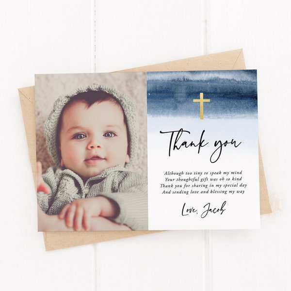 Baptism Thank You Card, Blue Baptism, Baptism Thank You, Christening, Thank You Photo, Editable, Download, Template