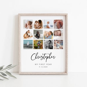 Modello di collage fotografico per il primo anno, collage fotografico per i 12 mesi, collage per il primo compleanno, moderno, minimalista, scaricabile, modificabile, Templett