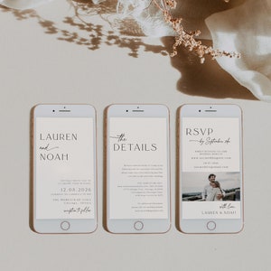 Minimalistische elektronische Hochzeitseinladung, Hochzeit Digital, moderne Online-Einladung, Details, Antwortkarte, Hochzeit Evite, Smartphoneeinladung, 89
