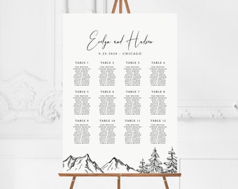 Mountain Seating Chart Poster, Woodland, Printable Wedding Seating Sign, Instant Download, Editable Template, Templett, 001