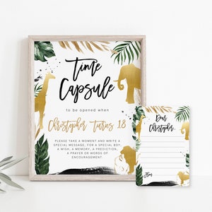 BEWERKBAAR gouden Safari Time Capsule-verjaardagsbord, Time Capsule-kaarten, Safari eerste verjaardag, dieren, jungle, afdrukbaar, sjabloon