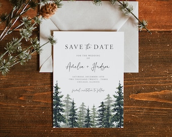 Pine Save the Date Template, Rustic Winter Evergreen Wedding Date Printable, Editable Text, 4x6, 5x7, DOWNLOAD, Editable, Template, 005