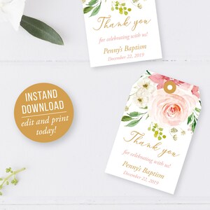 Baptism Favor Tags Template, Printable Baptism Favor Tags, First Communion Tags, Floral Baptism Tags, Thank You Tags, Instant Download