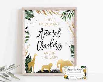 May include: A printable sign with a jungle theme, featuring gold animal crackers, green leaves, and gold accents. The sign says "Guess how many animal crackers are in the jar?" and includes a separate card for guests to write their guesses.